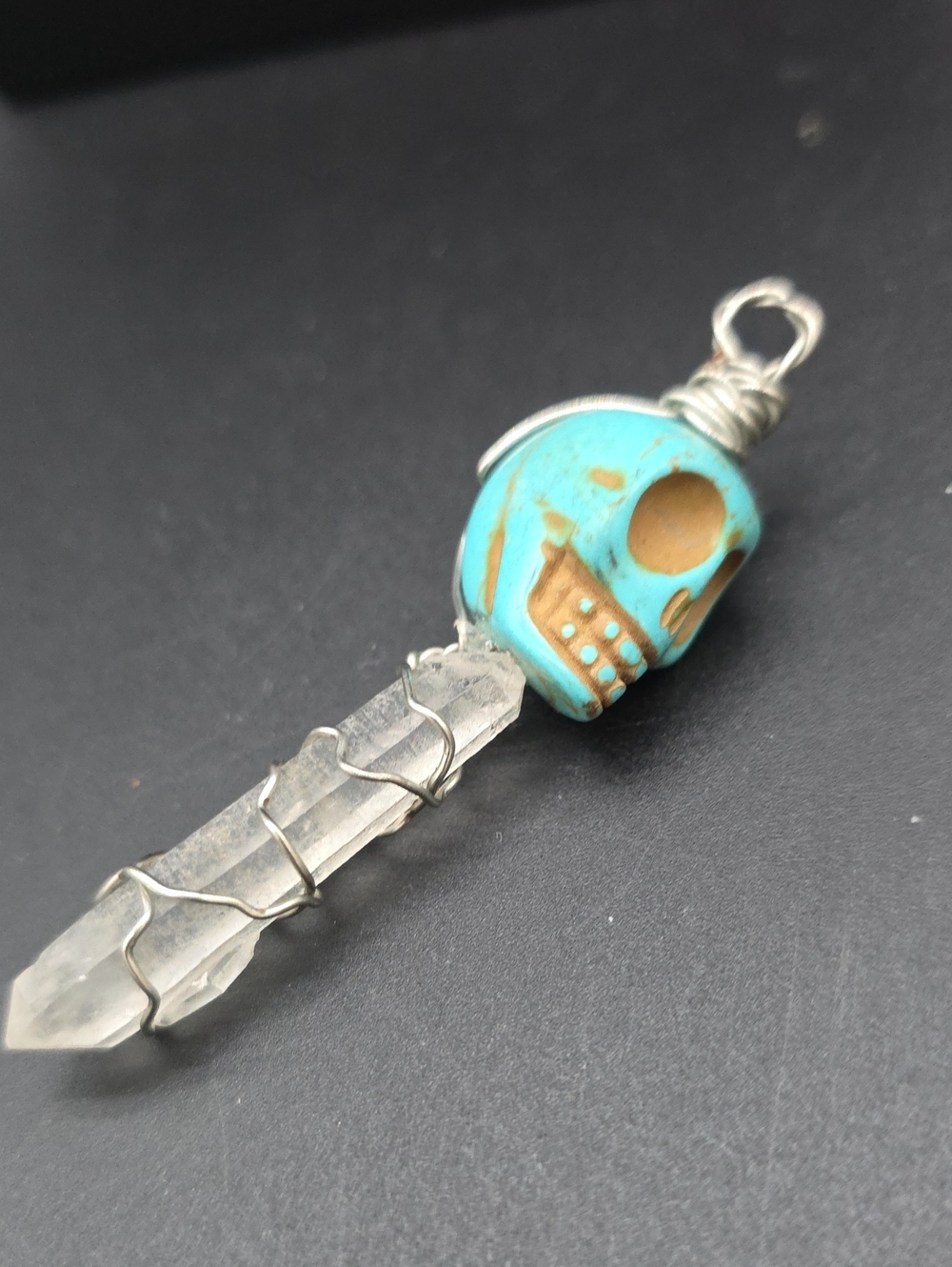 Turquoise Skull & Clear Quartz Wire-Wrapped Pendant Necklace